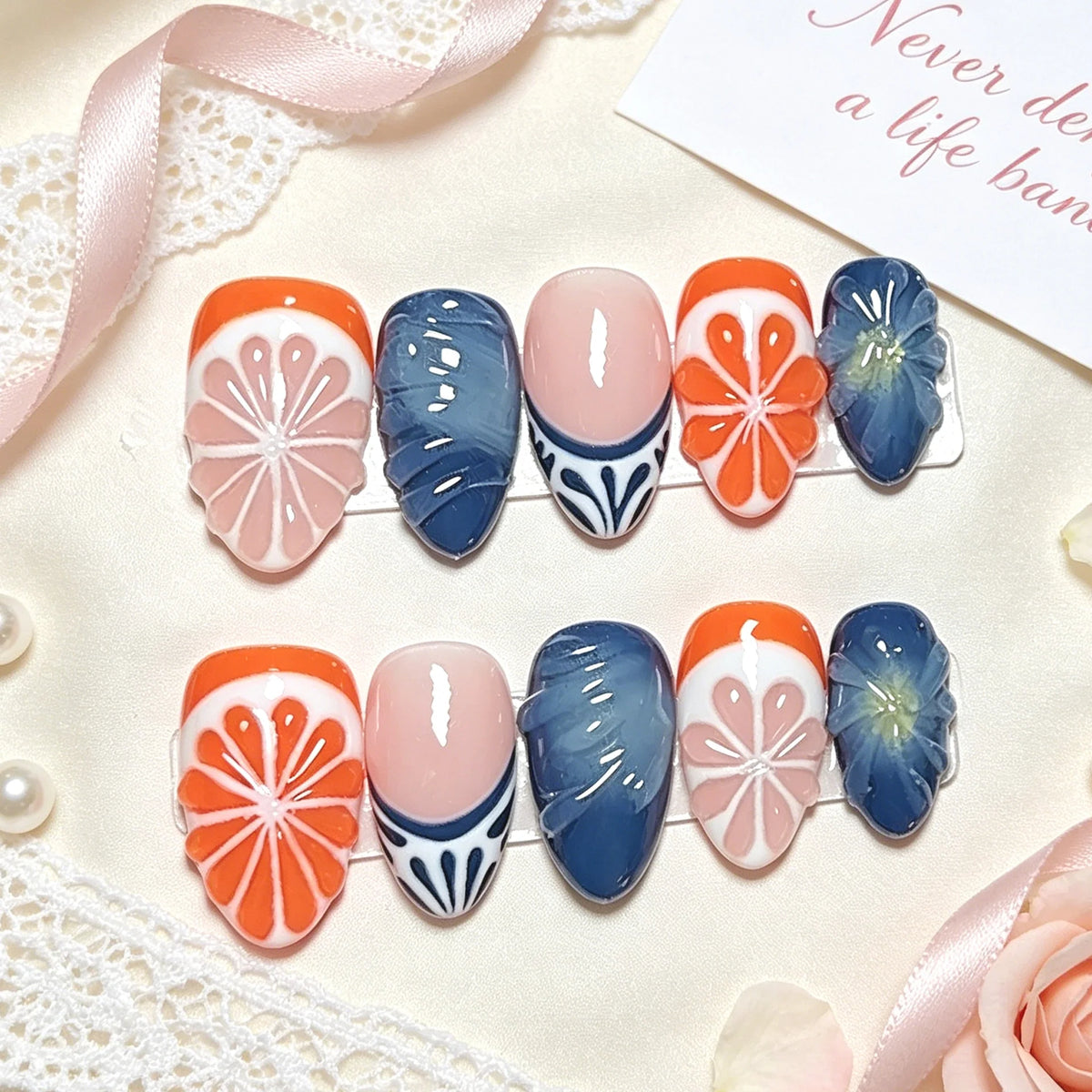 Press-On Nail Set Vibrant Floral Designs Easy Application