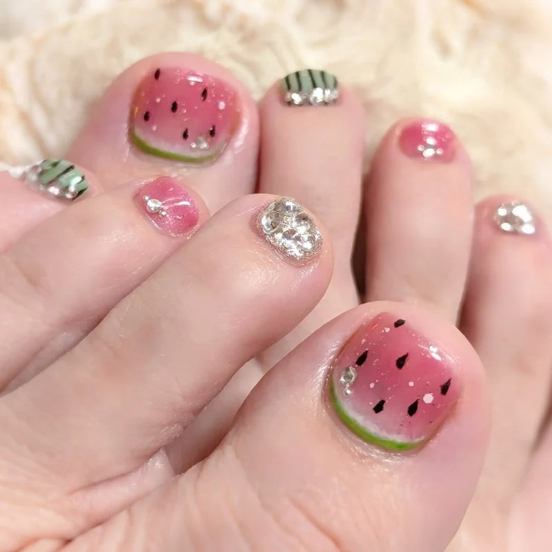 Press-On Nail Set Watermelon Motif & Sparkle Accents