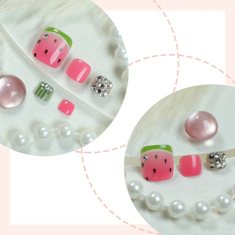 Press-On Nail Set Watermelon Motif & Sparkle Accents