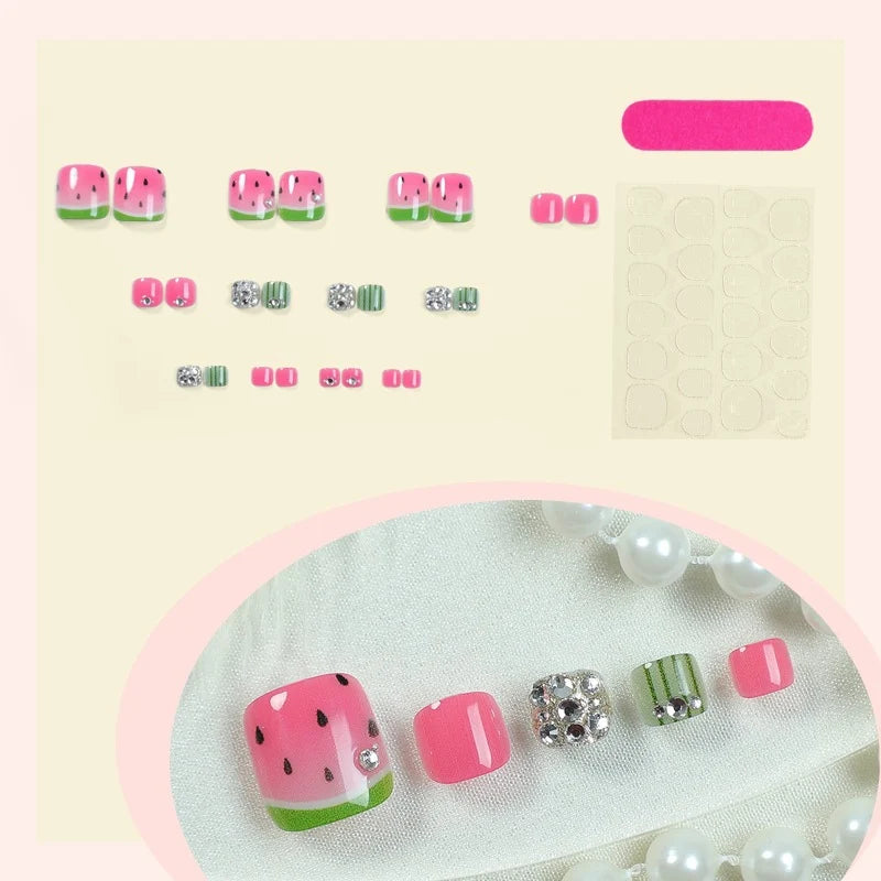 Press-On Nail Set Watermelon Motif & Sparkle Accents