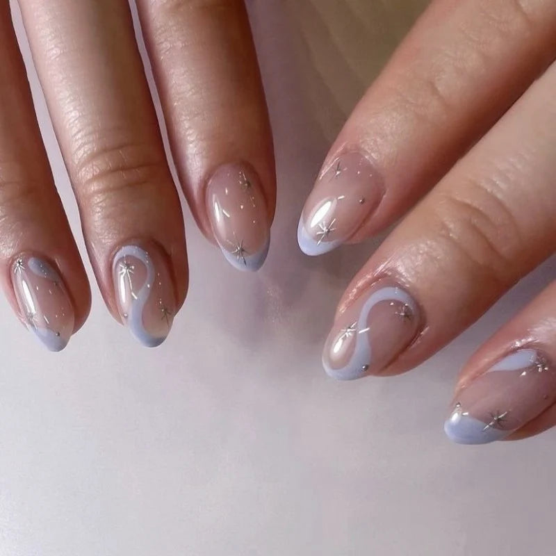 Press-On Nail Set Wave Line Design & Glitter Accents
