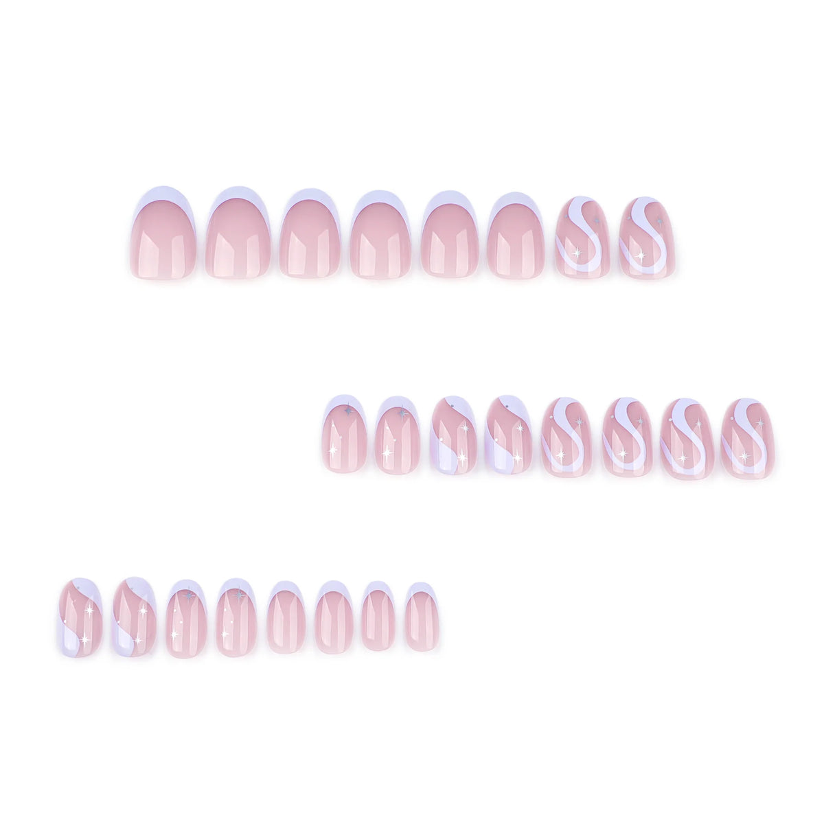 Press-On Nail Set Wave Line Design & Glitter Accents