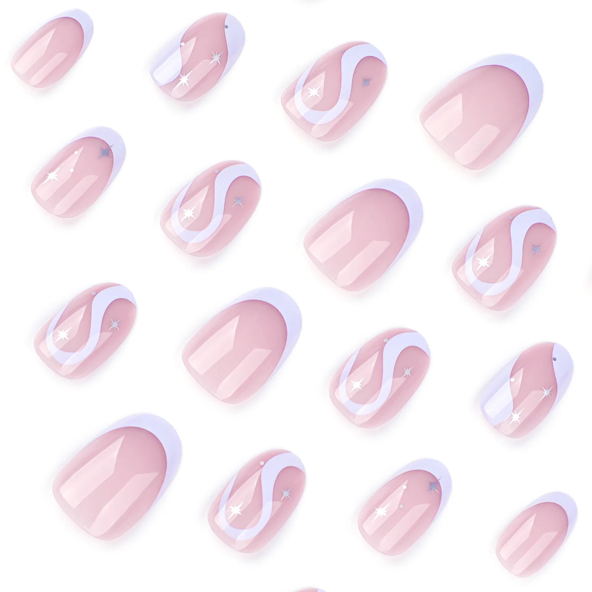 Press-On Nail Set Wave Line Design & Glitter Accents