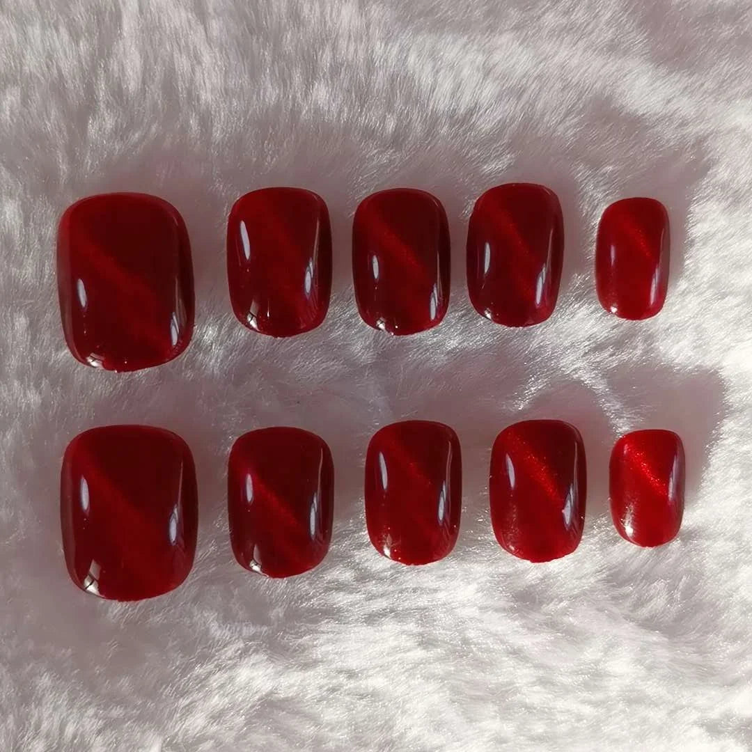 Press-On Nail Set Wine Cat Eye Pre-Glued Multiple Sizes
