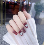 Press-On Nail Set Wine Heart Glitter Peel And Stick