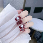 Press-On Nail Set Wine Heart Glitter Peel And Stick