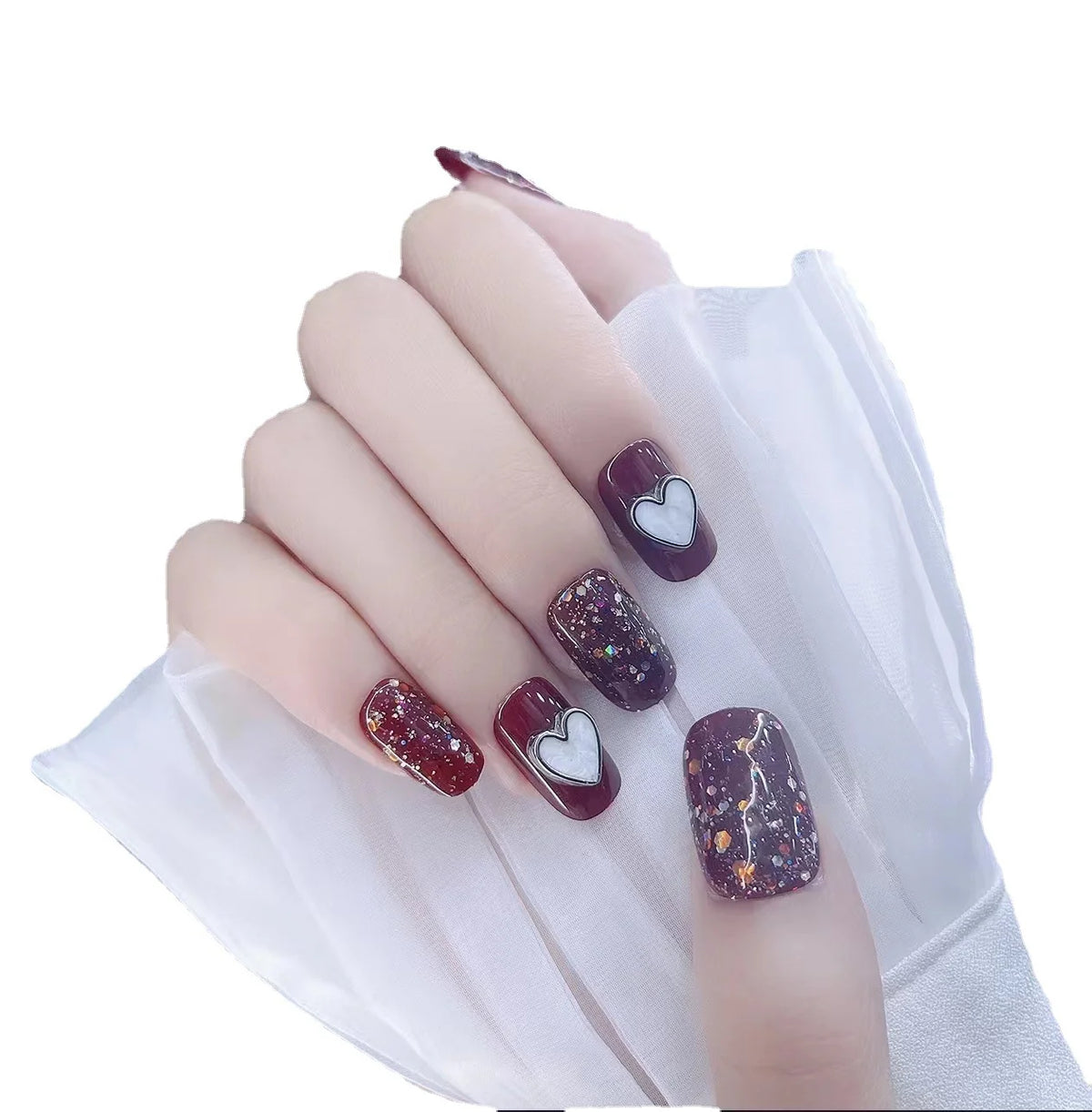 Press-On Nail Set Wine Heart Glitter Peel And Stick