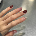 Press-On Nail Set Wine Red Glitter & Gemstone Long-Lasting Wear