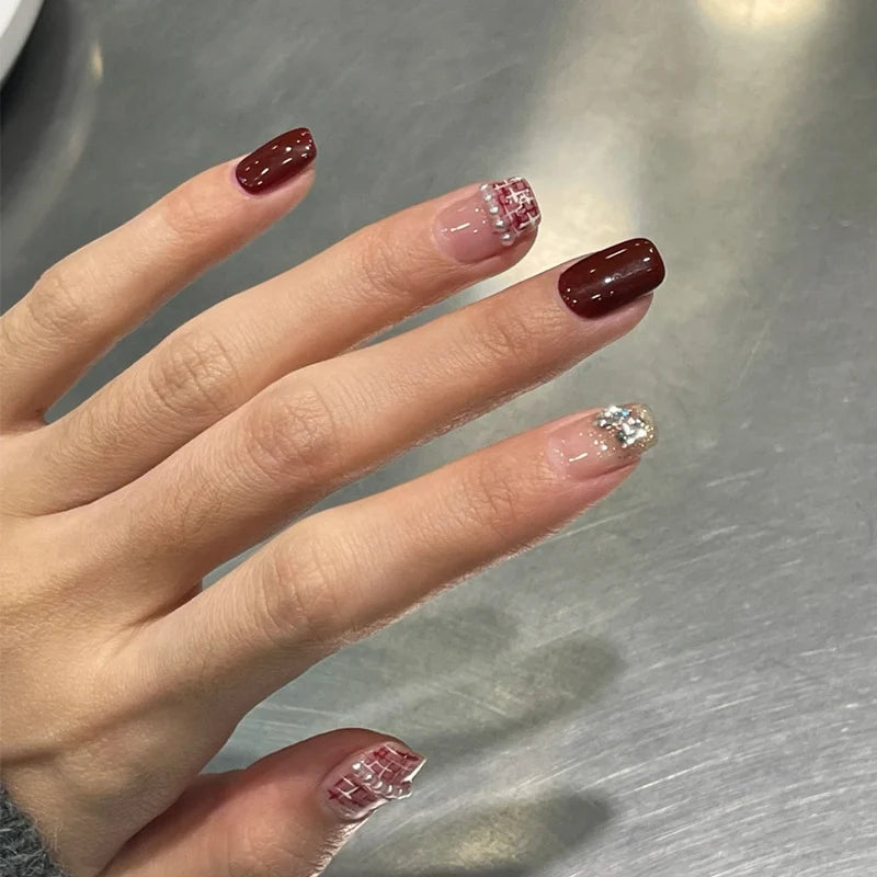 Press-On Nail Set Wine Red Glitter & Gemstone Long-Lasting Wear