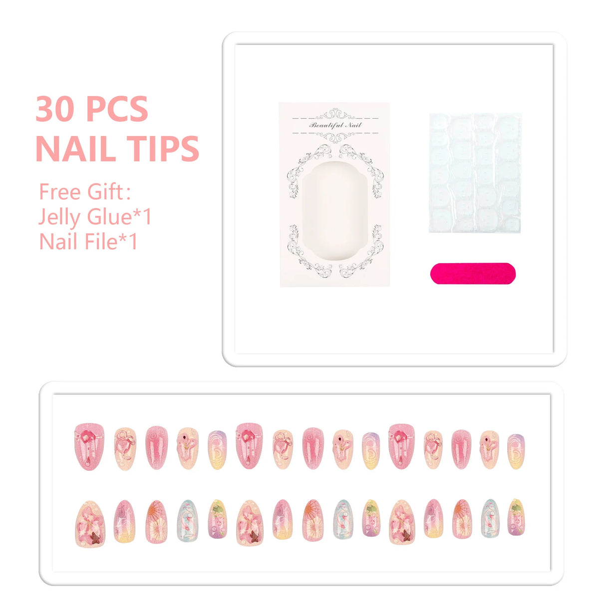 Press-On Nail Tips 30-Piece Intricate Designs Glue & File