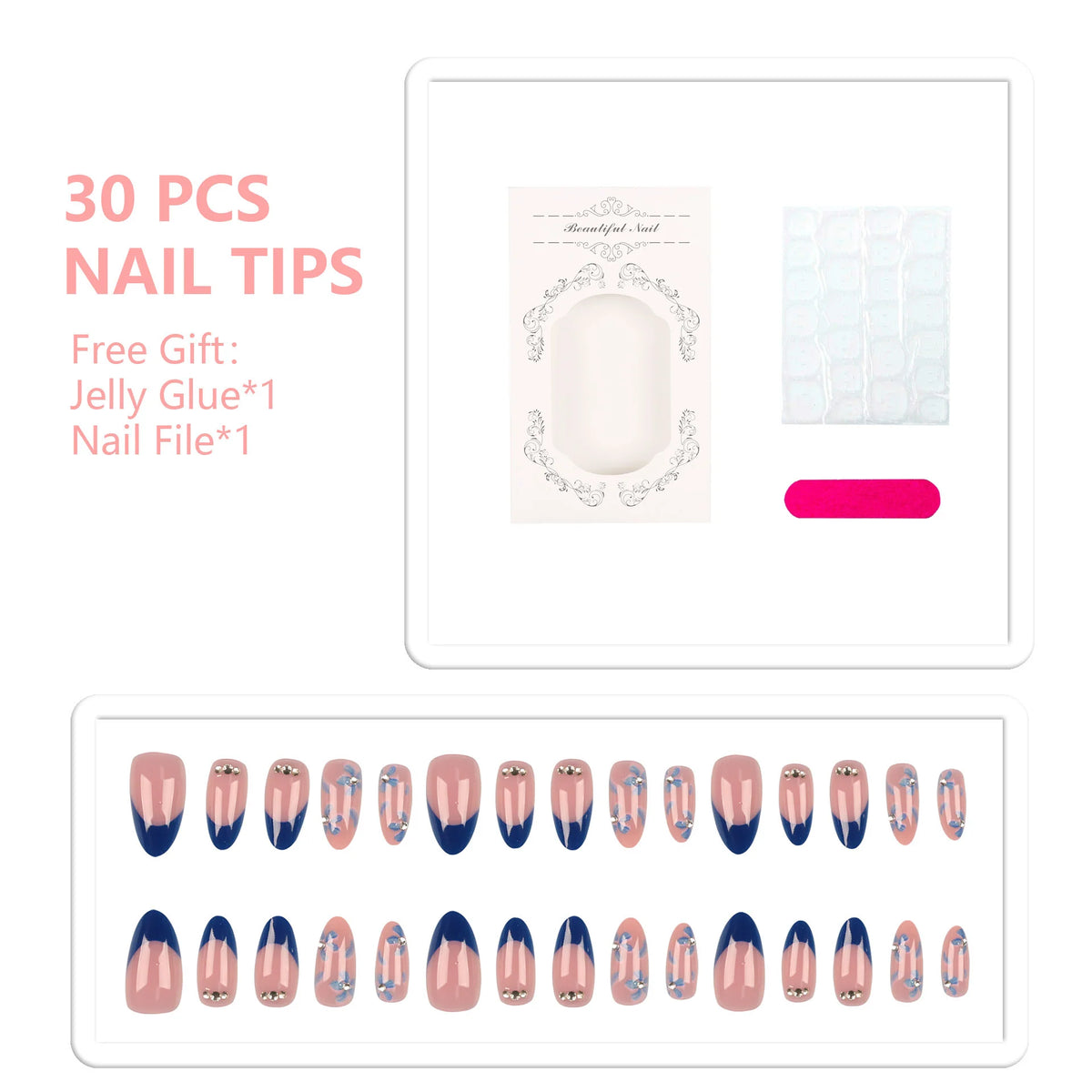 Press-On Nail Tips 30 Piece Jelly Glue & File