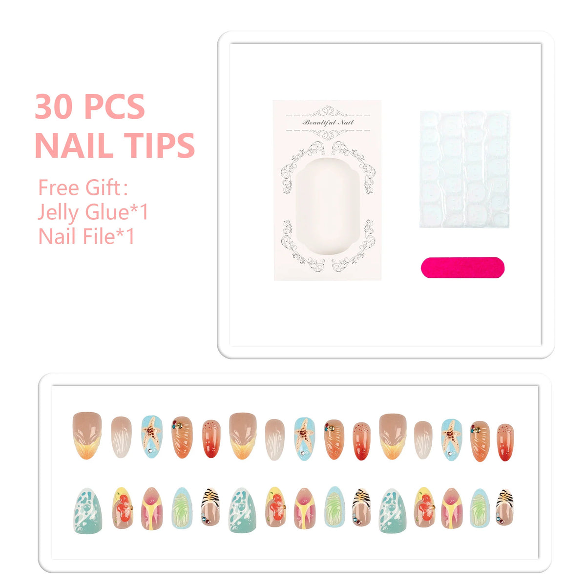 Press-On Nail Tips 30-Piece Reusable Adhesive & File