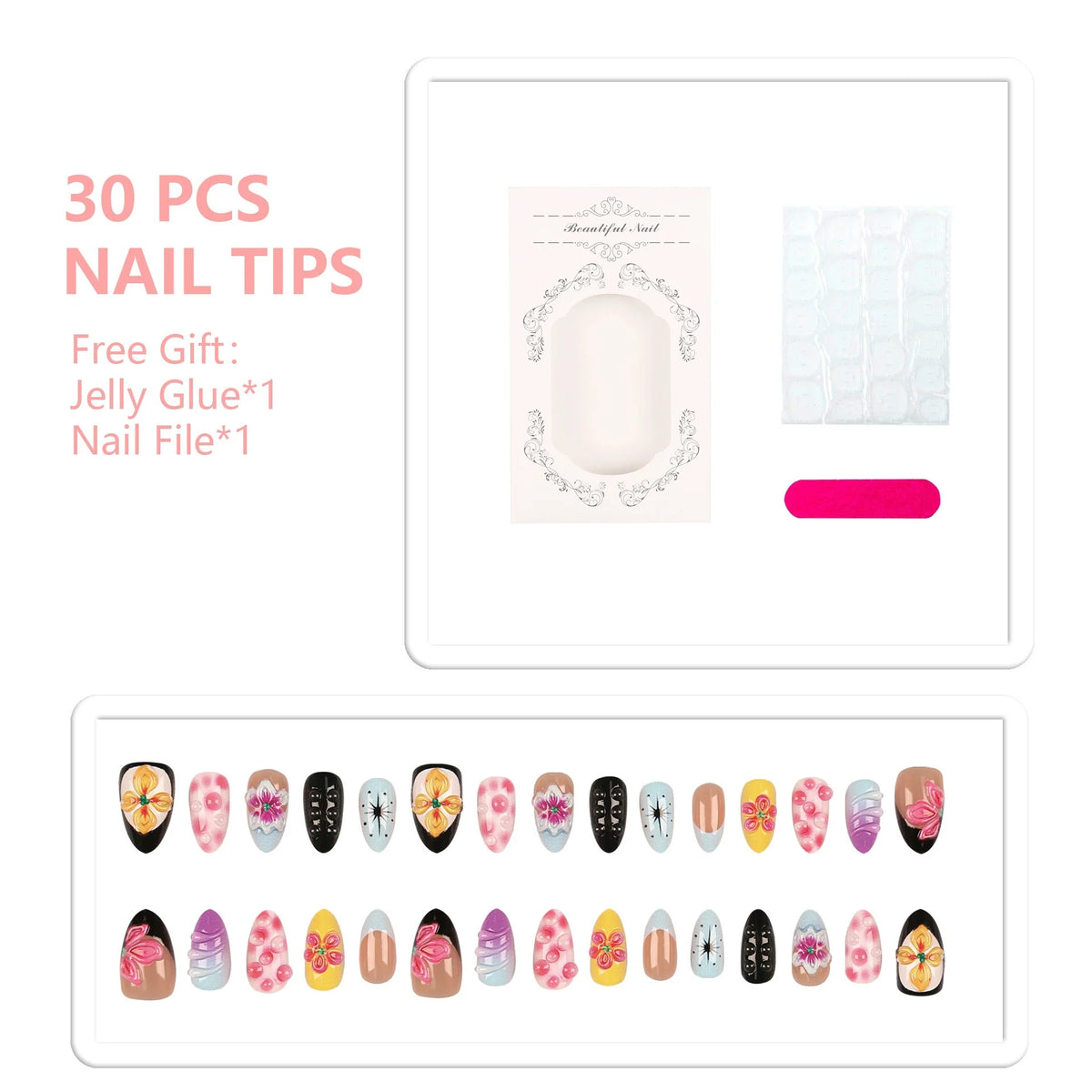 Press-On Nail Tips 30-Piece With Jelly Glue & File