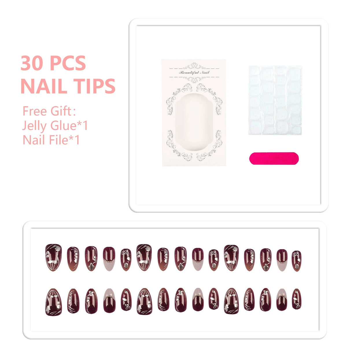 Press-On Nail Tips 30 Pieces Jelly Glue & File