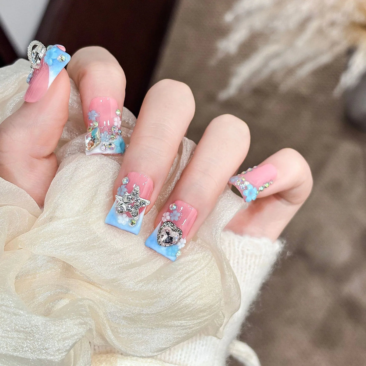 Press-On Nail Tips 3D Embellished Acrylic Easy Application