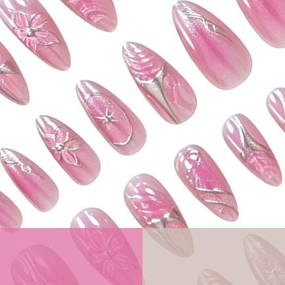Press-On Nail Tips 3D Floral Acrylic Set of 24