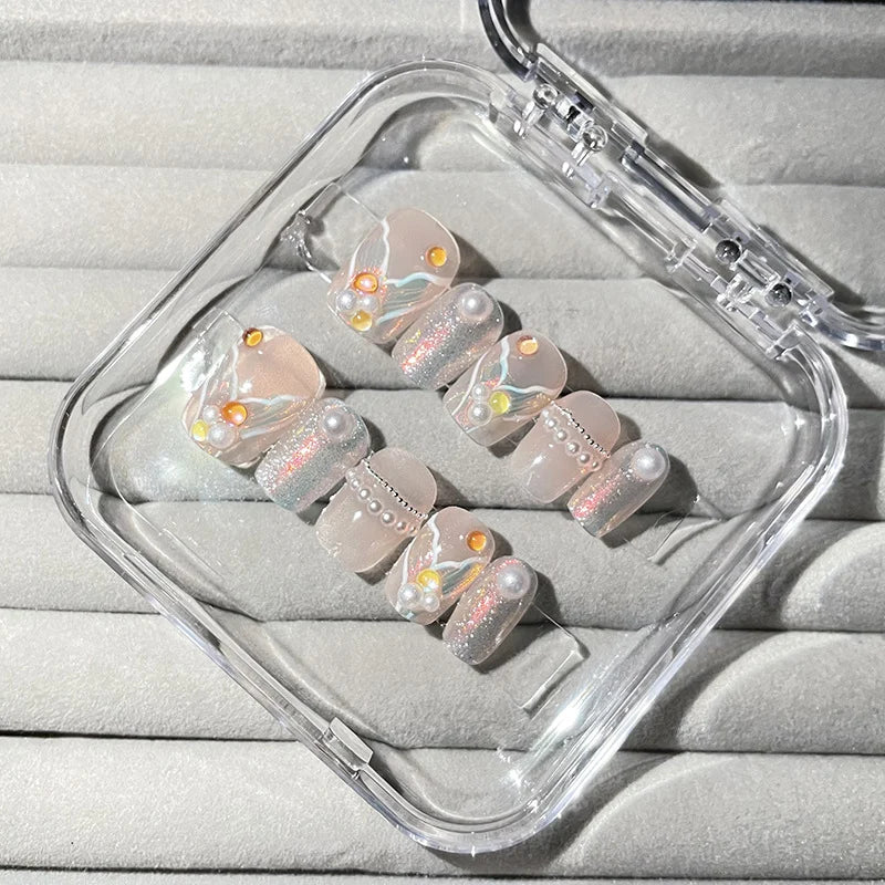Press-On Nail Tips Artistic Gems & Pearls Reusable