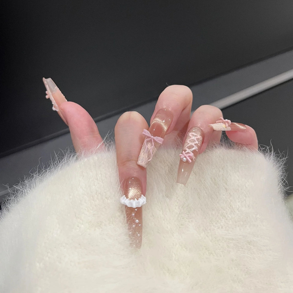 Press-On Nail Tips Bow & Rhinestone Accents Comfort Fit