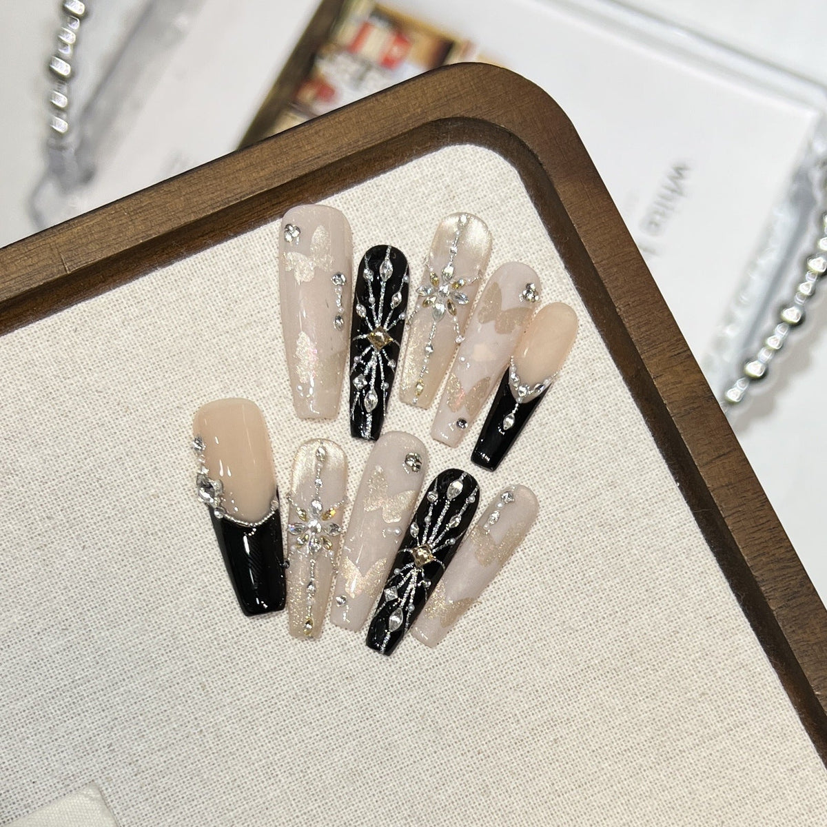Press-On Nail Tips Butterfly Design & Gemstone Accents