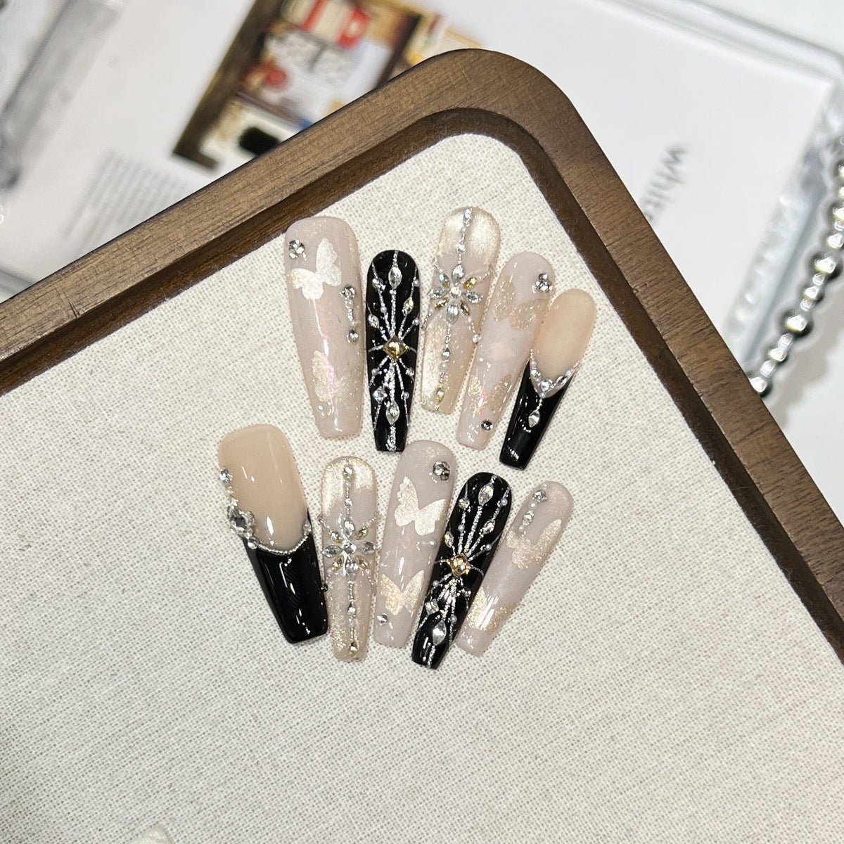 Press-On Nail Tips Butterfly Design & Gemstone Accents