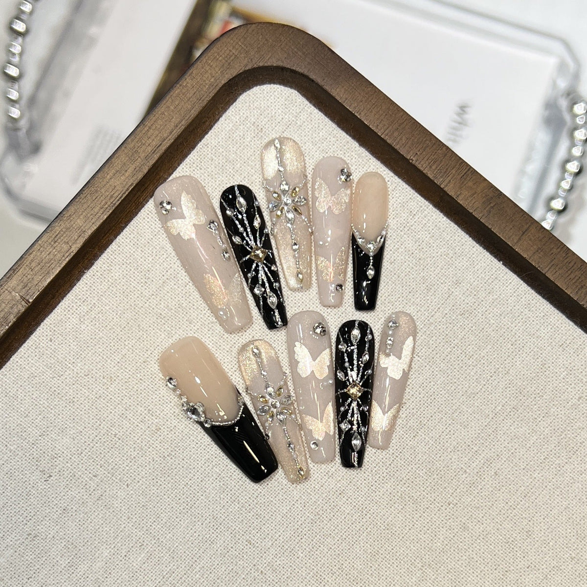 Press-On Nail Tips Butterfly Design & Gemstone Accents