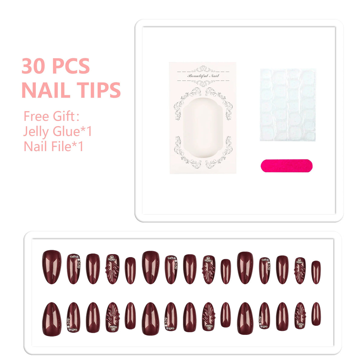 Press-On Nail Tips Decorative 30-Piece Kit Jelly Glue & File