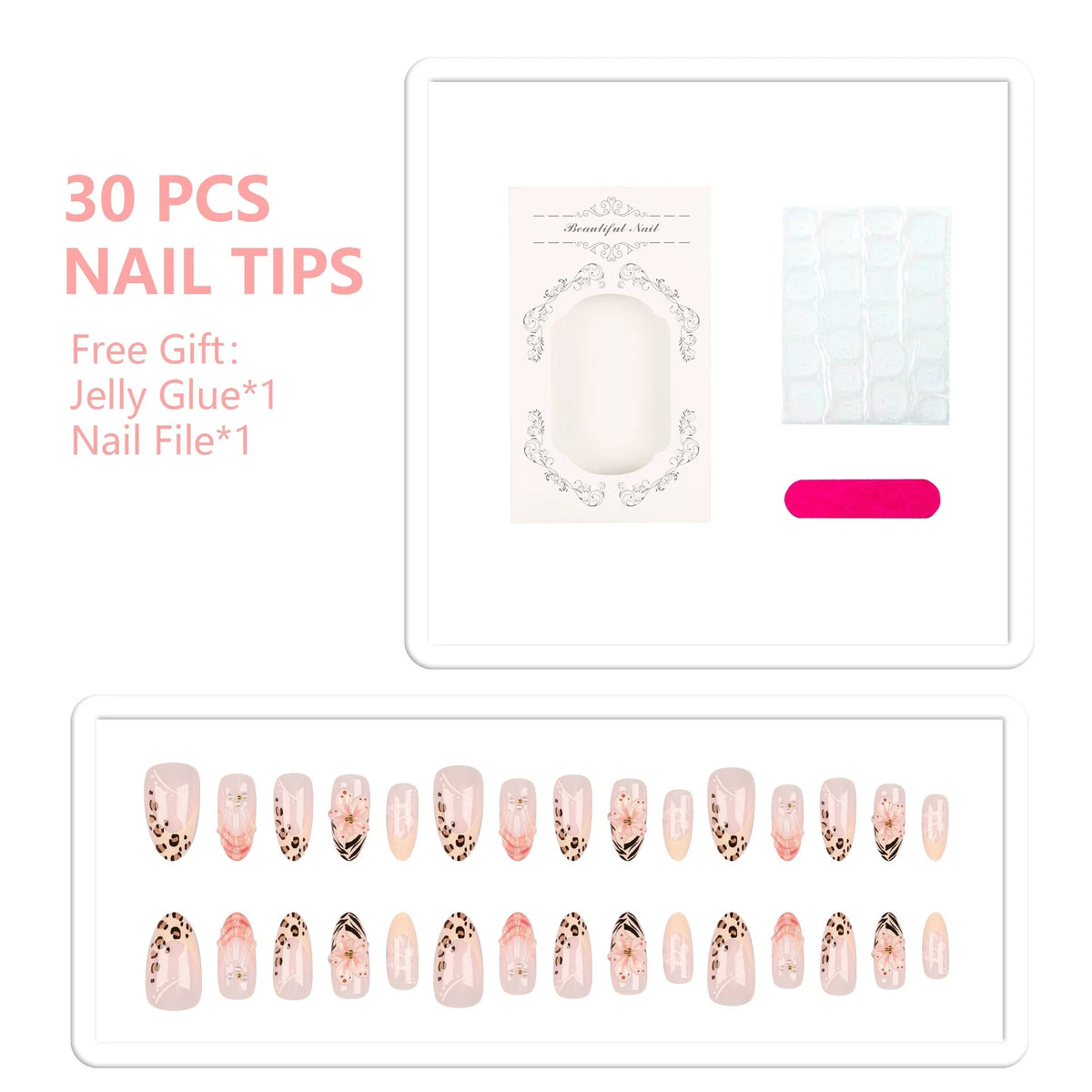 Press-On Nail Tips Designer 30-Piece With Glue & File