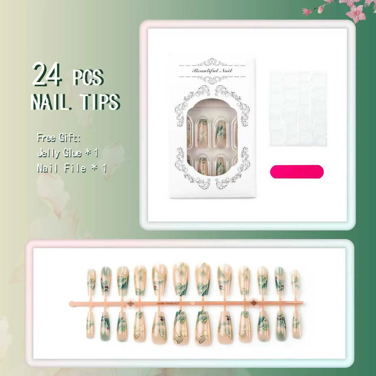 Press-On Nail Tips Floral 24-Piece With Glue & File