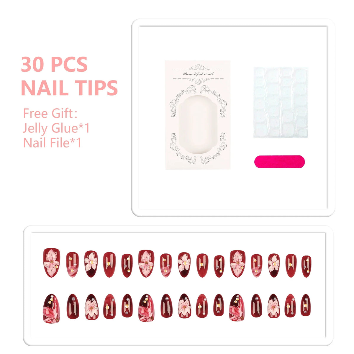 Press-On Nail Tips Floral Acrylic & Easy Application