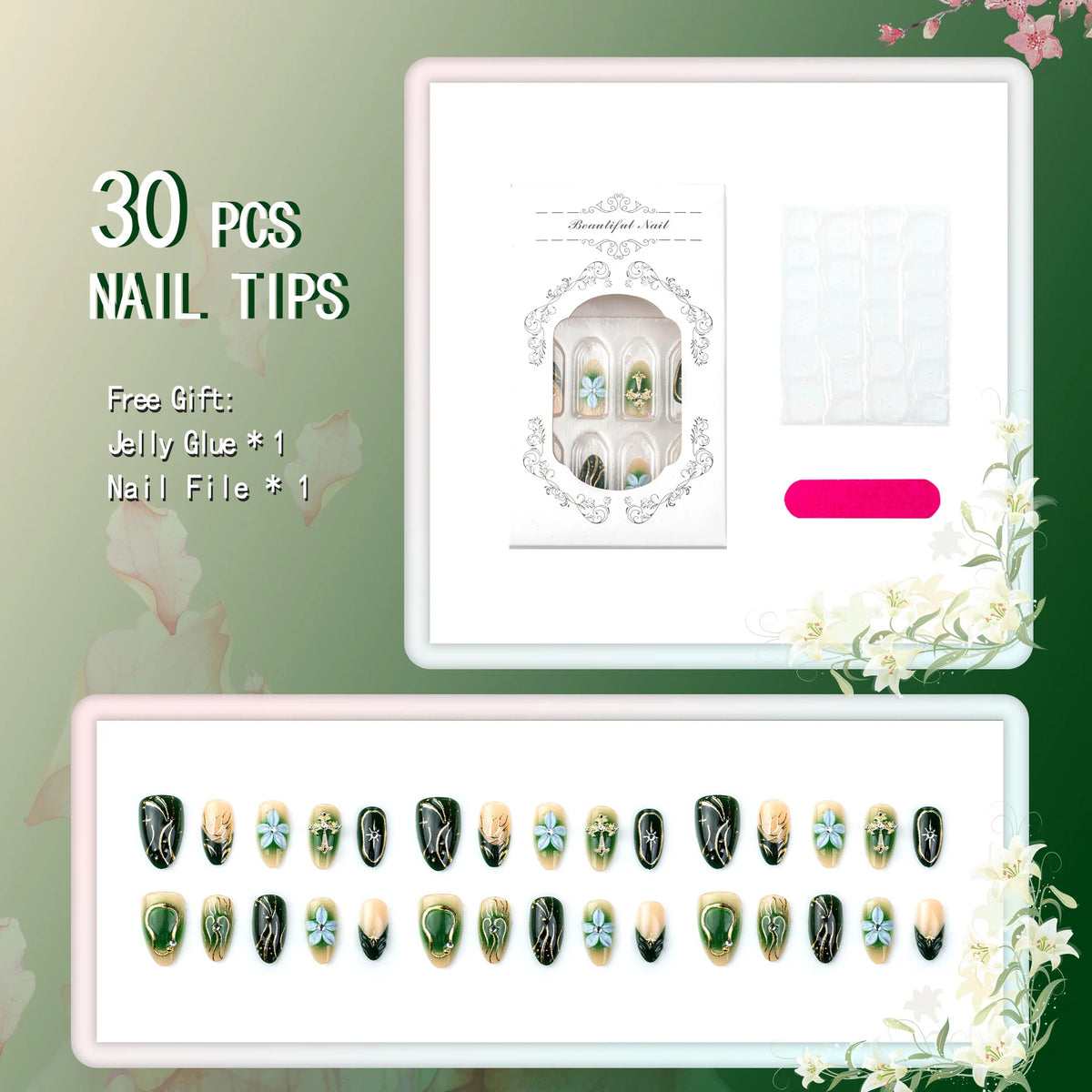 Press-On Nail Tips Floral Acrylic Set of 30