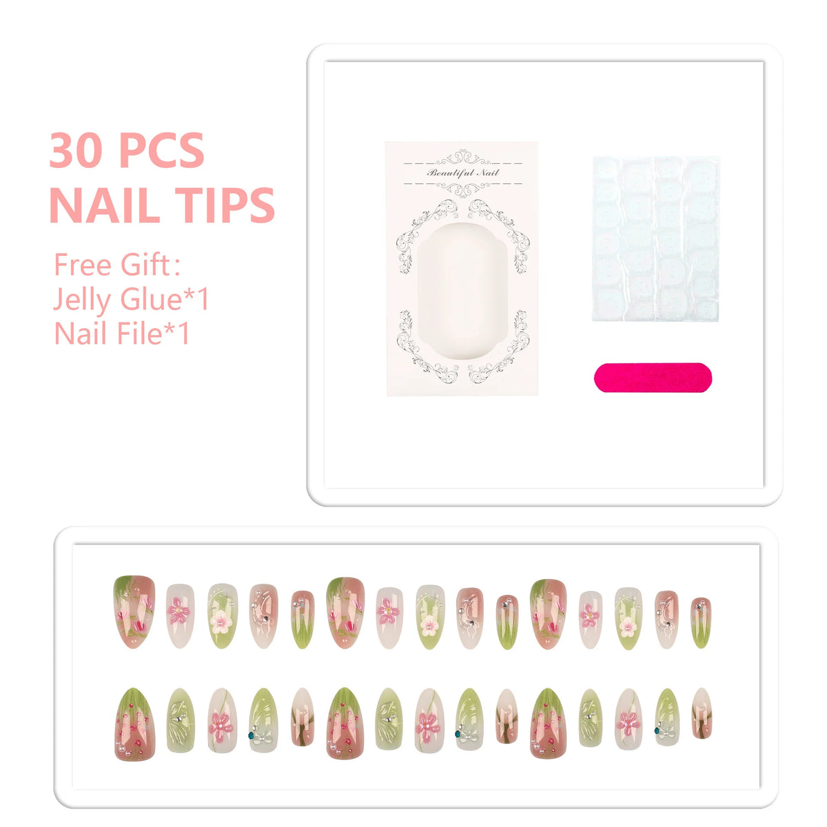 Press-On Nail Tips Floral Art Easy Application & Durable Finish