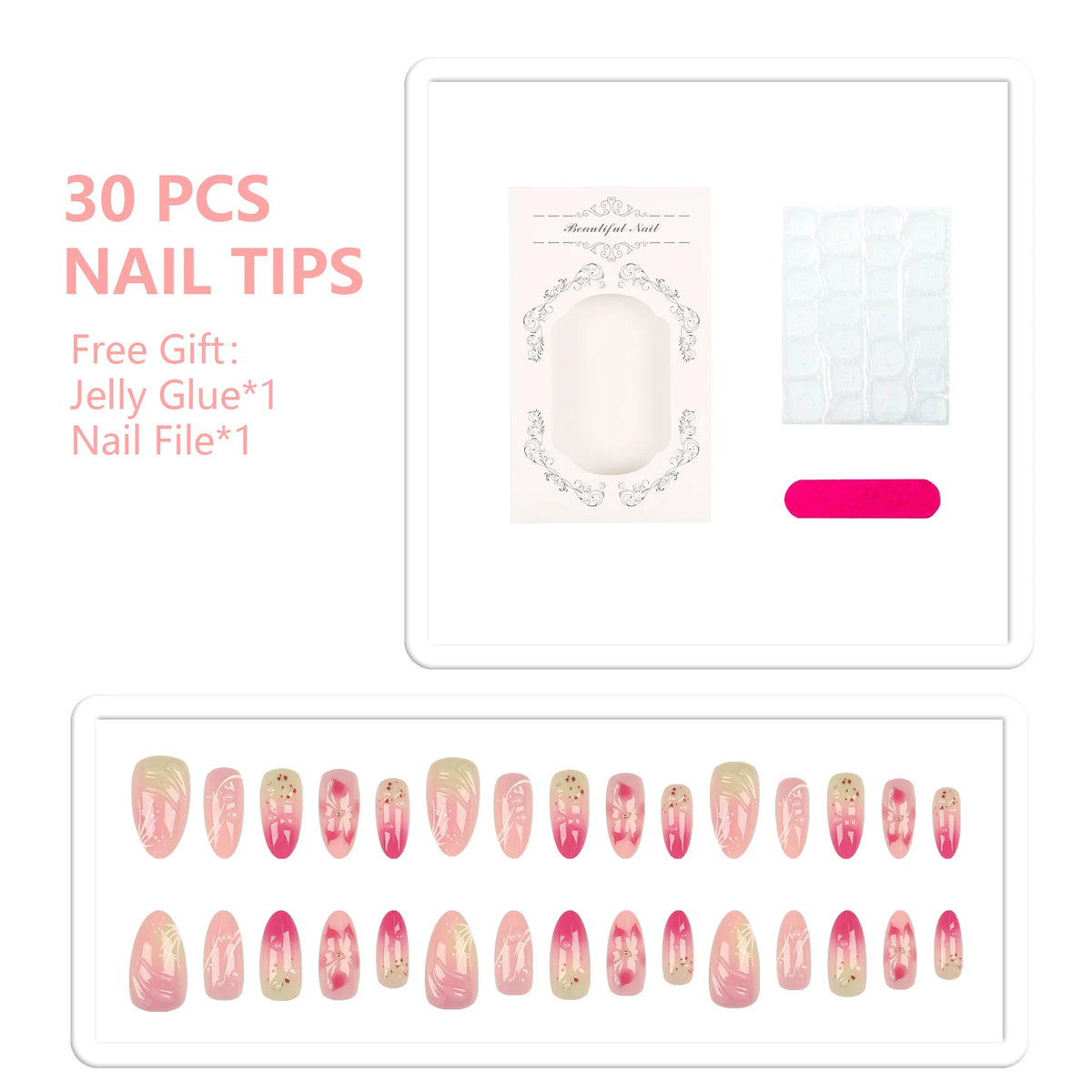 Press-On Nail Tips Floral Design 30-Piece Glue & File