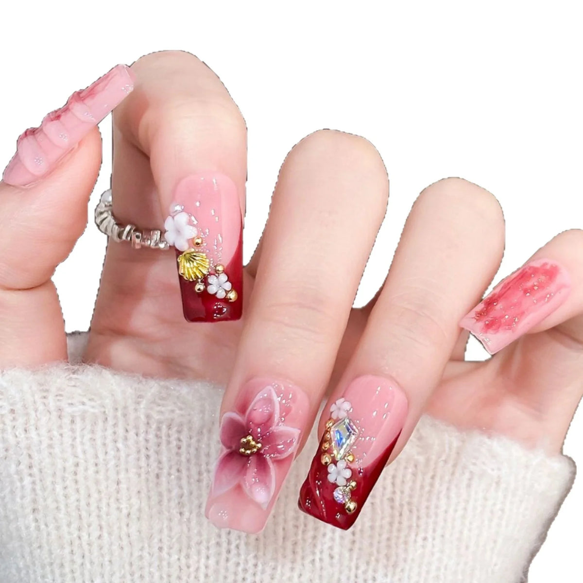 Press-On Nail Tips Floral Design Glue-Free & Reusable