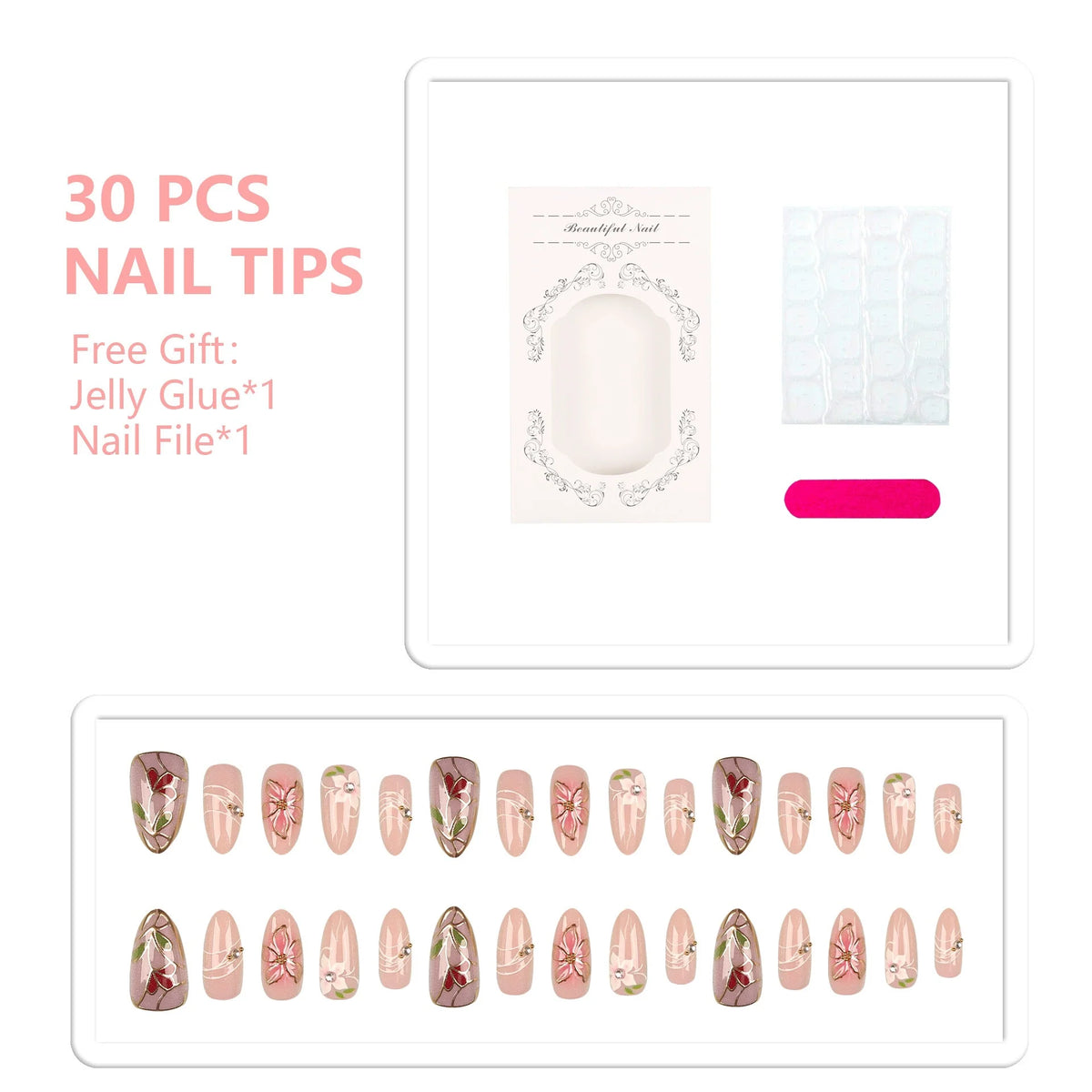 Press-On Nail Tips Floral Design Reusable & Easy Application