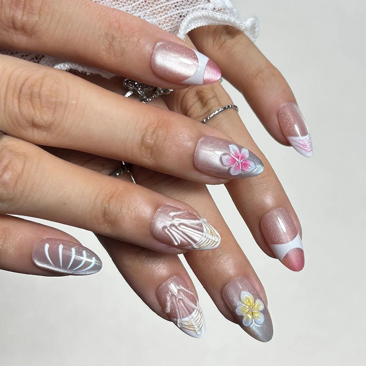 Press-On Nail Tips Floral Designs No Glue Multiple Sizes