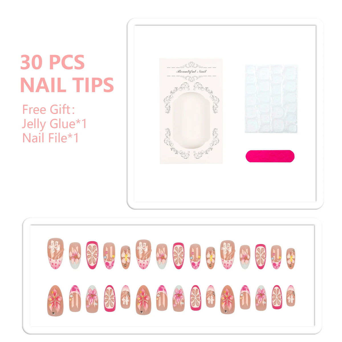 Press-On Nail Tips Floral Embellished Easy Application & Long-Lasting