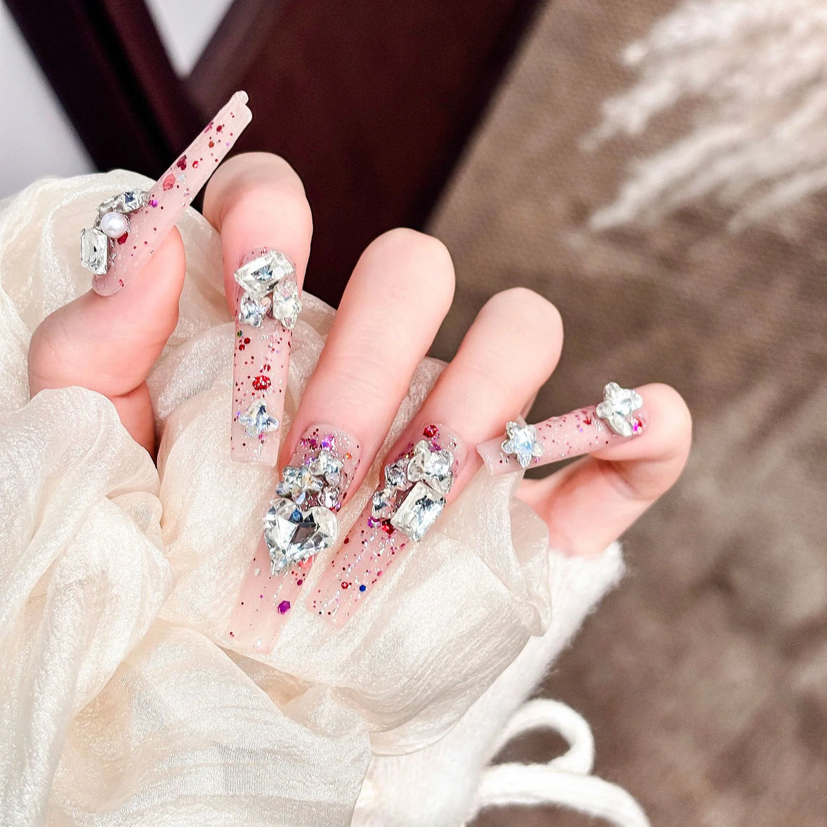 Press-On Nail Tips Glitter & 3D Embellishments Peel-And-Press Reusable