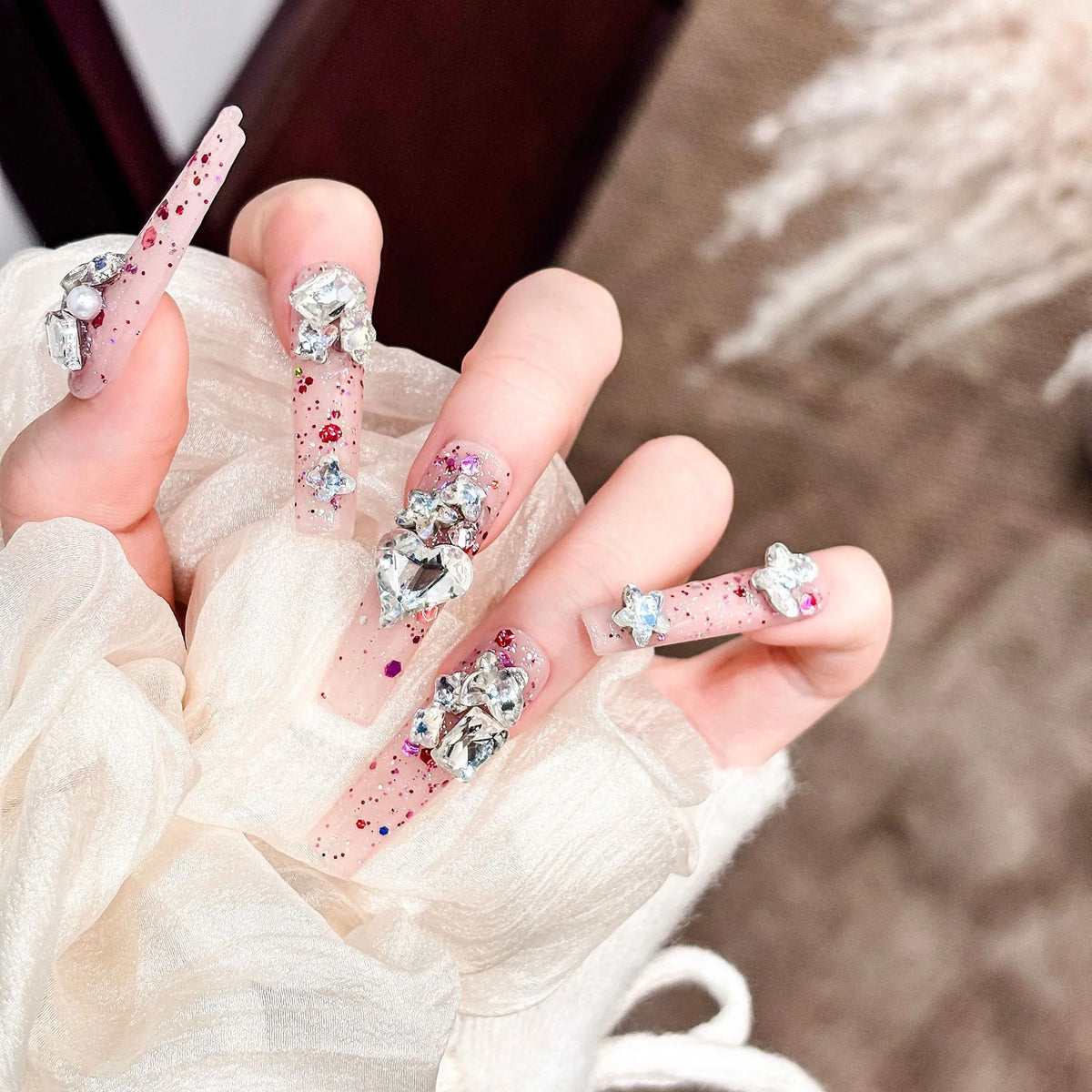 Press-On Nail Tips Glitter & 3D Embellishments Peel-And-Press Reusable