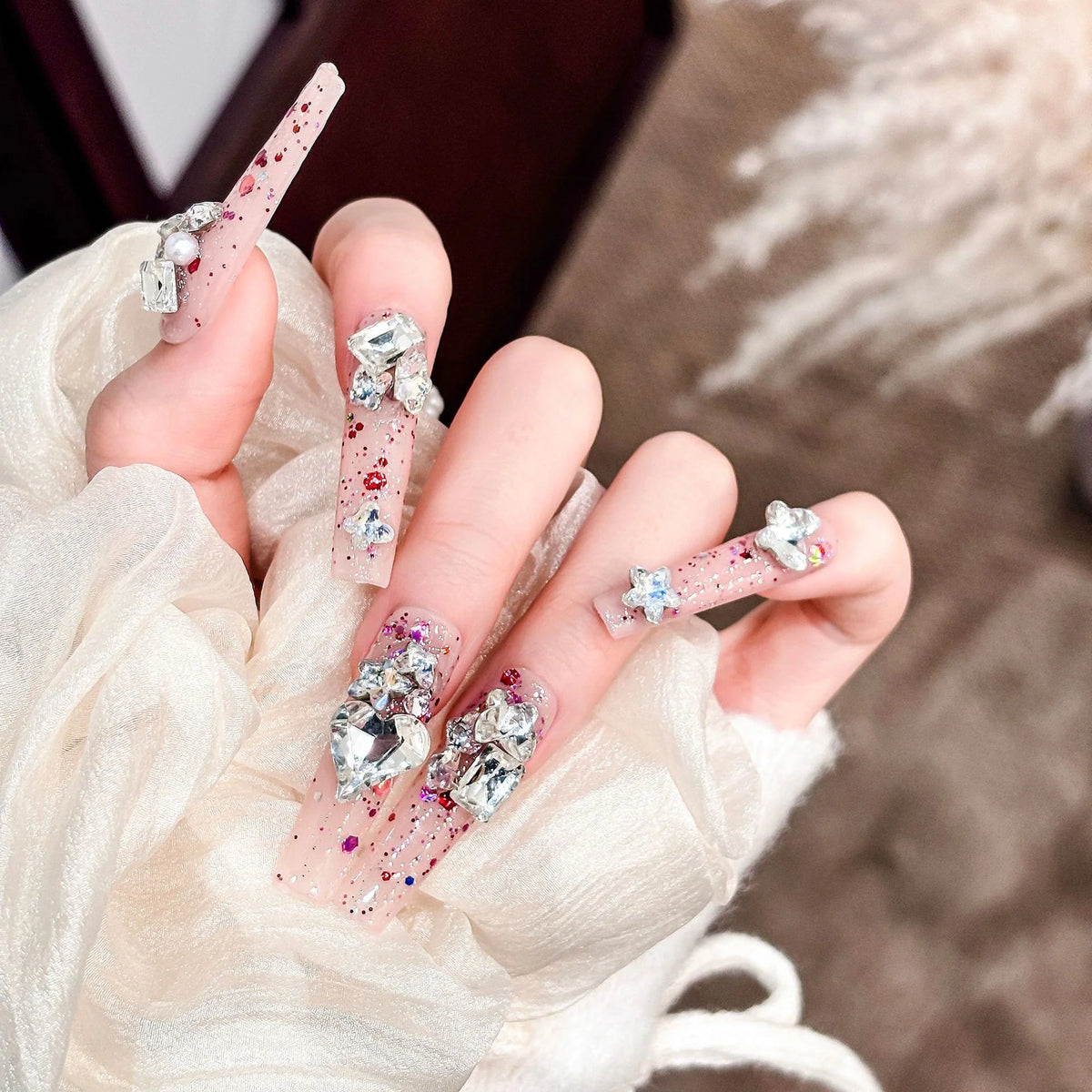 Press-On Nail Tips Glitter & 3D Embellishments Peel-And-Press Reusable