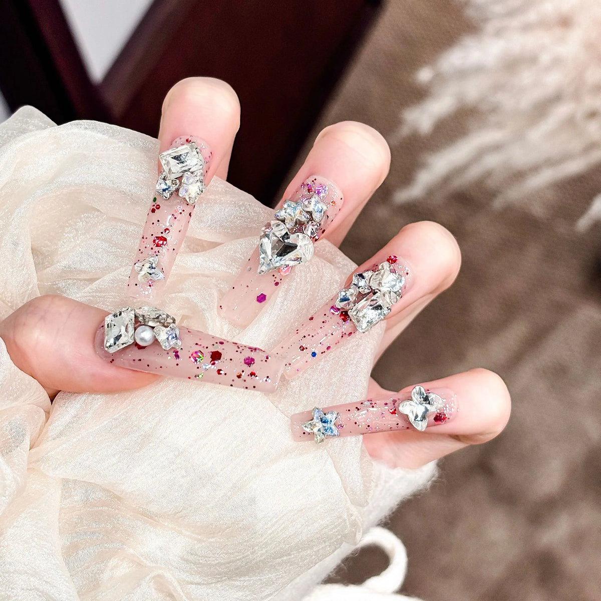 Press-On Nail Tips Glitter & 3D Embellishments Peel-And-Press Reusable
