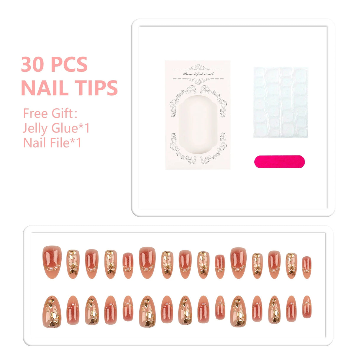 Press-On Nail Tips Gold Accents Set of 30