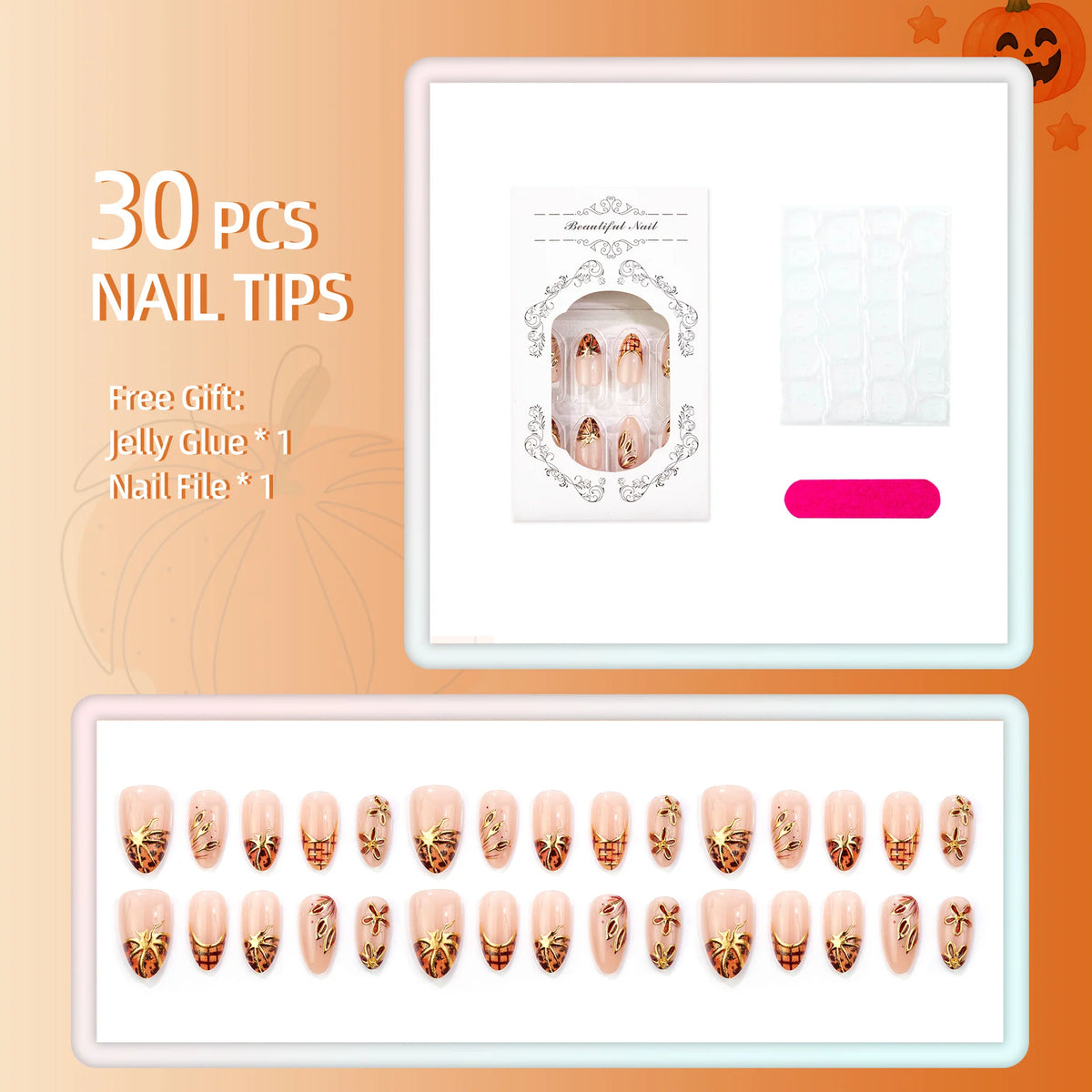 Press-On Nail Tips Gold Floral Peel And Press