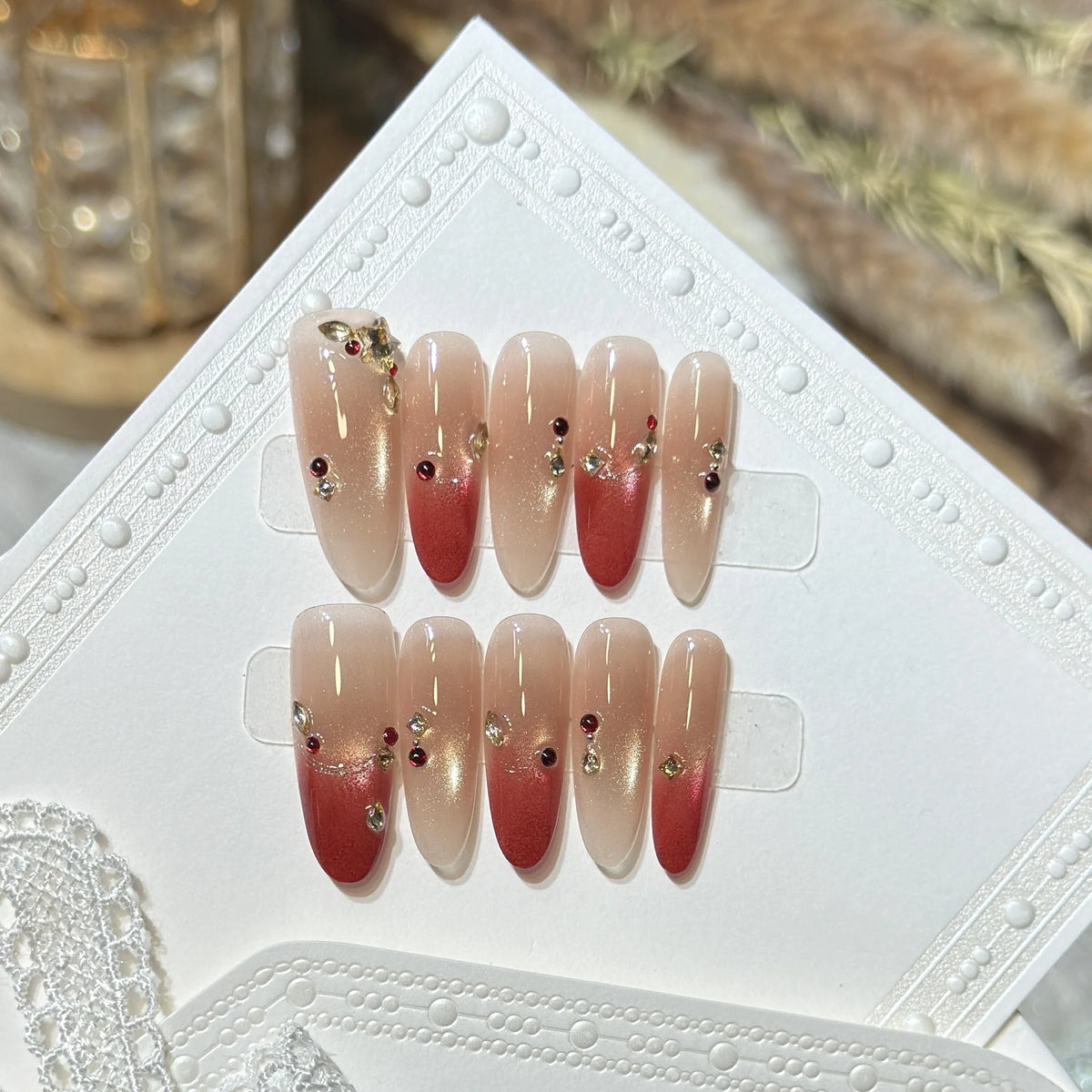 Press-On Nail Tips Gradient Ombre & Rhinestone Reusable