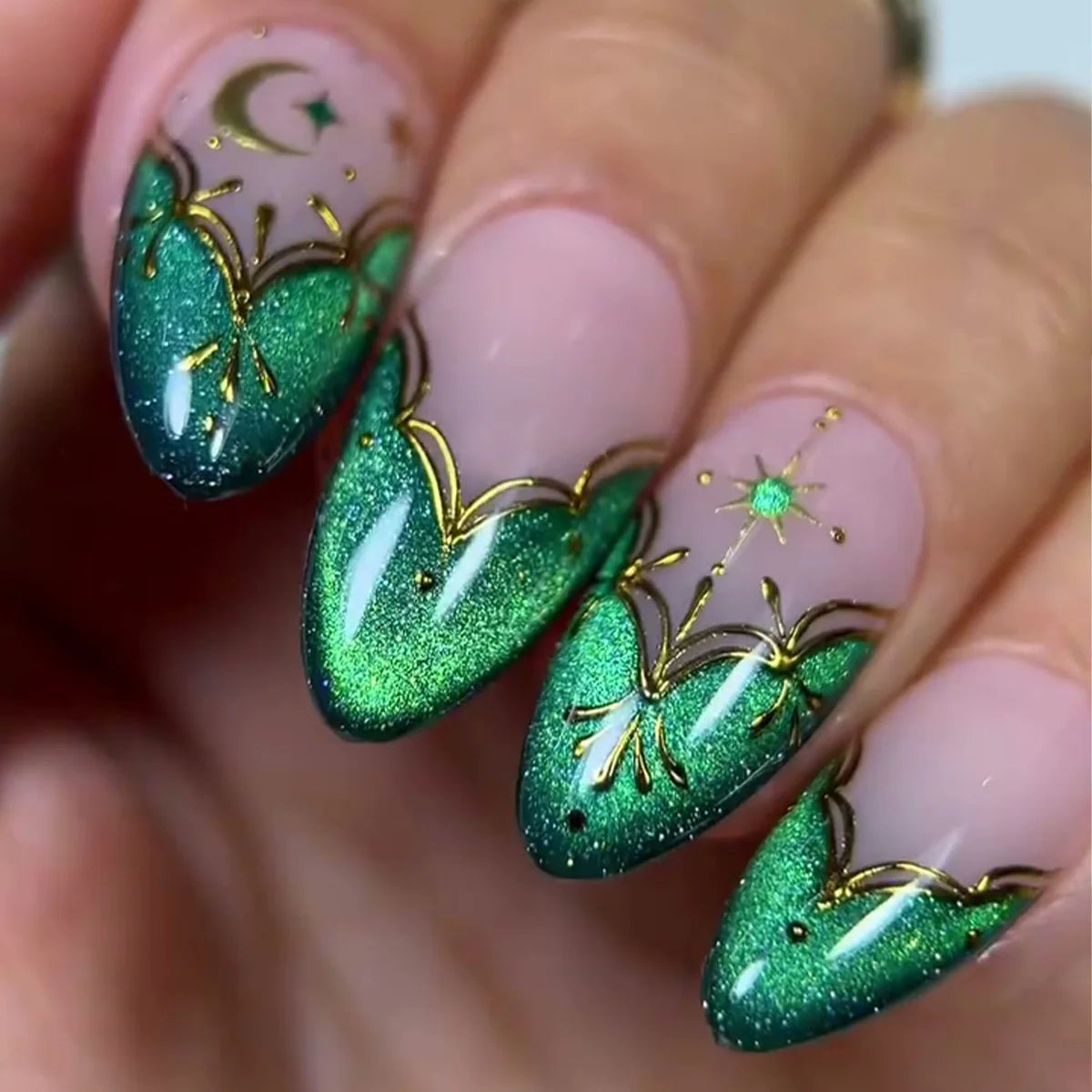 Press-On Nail Tips Green Floral Reusable Multiple Sizes