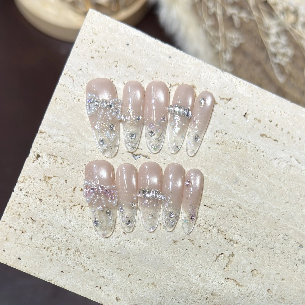 Press-On Nail Tips Long Oval Rhinestone Reusable & Durable