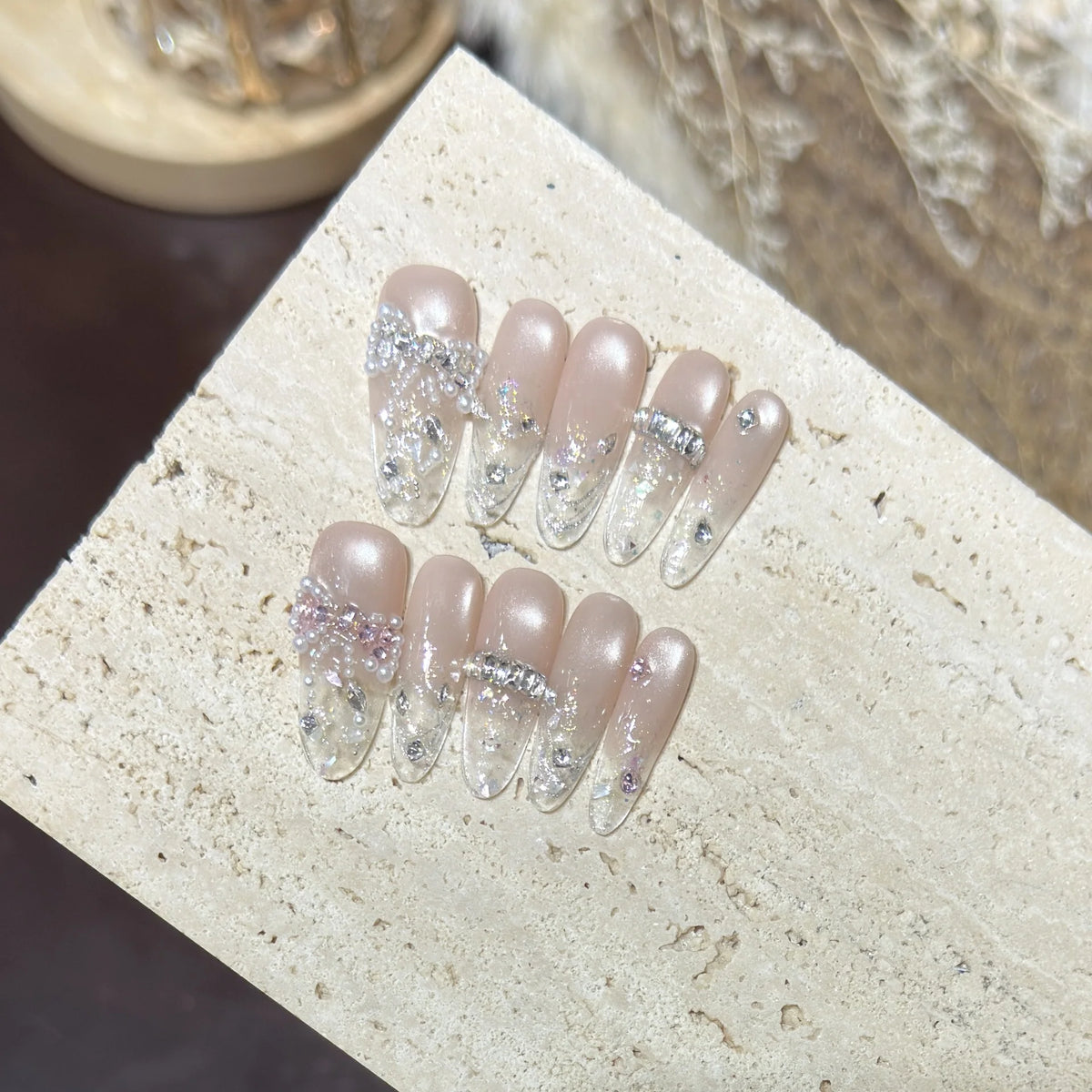 Press-On Nail Tips Long Oval Rhinestone Reusable & Durable