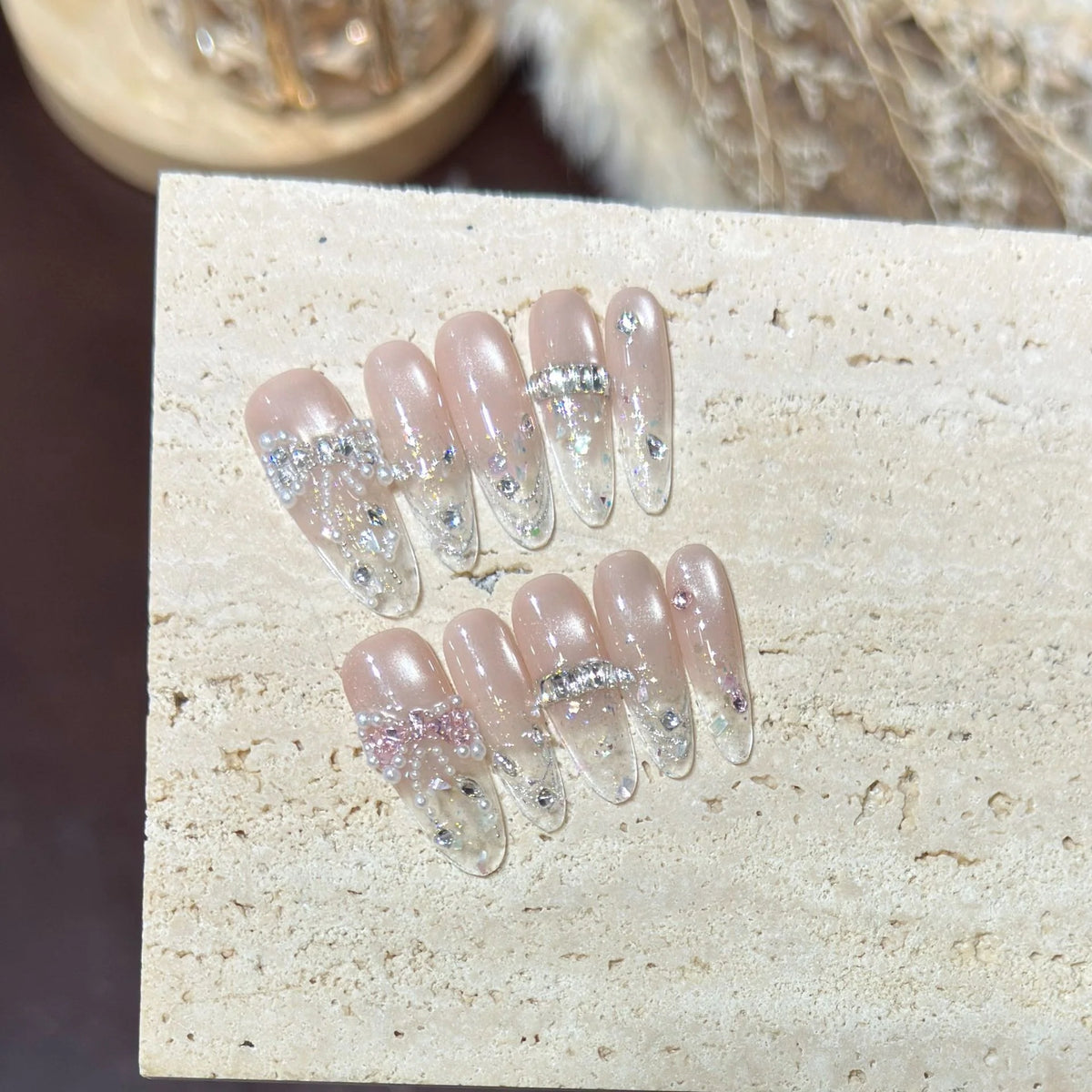 Press-On Nail Tips Long Oval Rhinestone Reusable & Durable