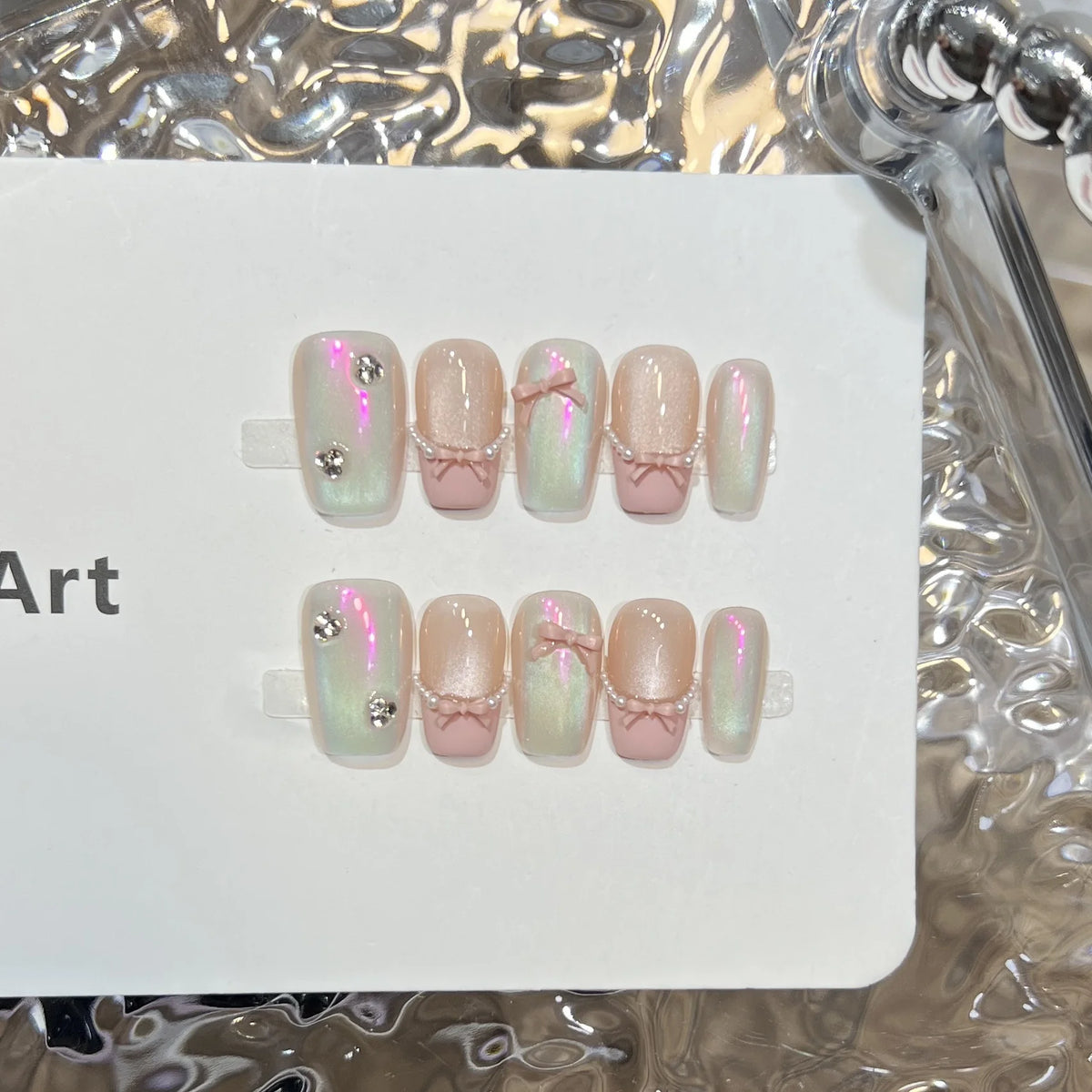 Press-On Nail Tips Pastel Bows & Rhinestones