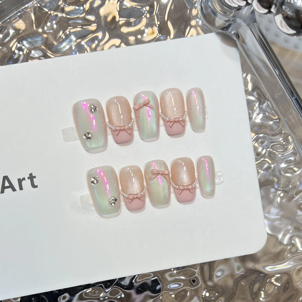 Press-On Nail Tips Pastel Bows & Rhinestones