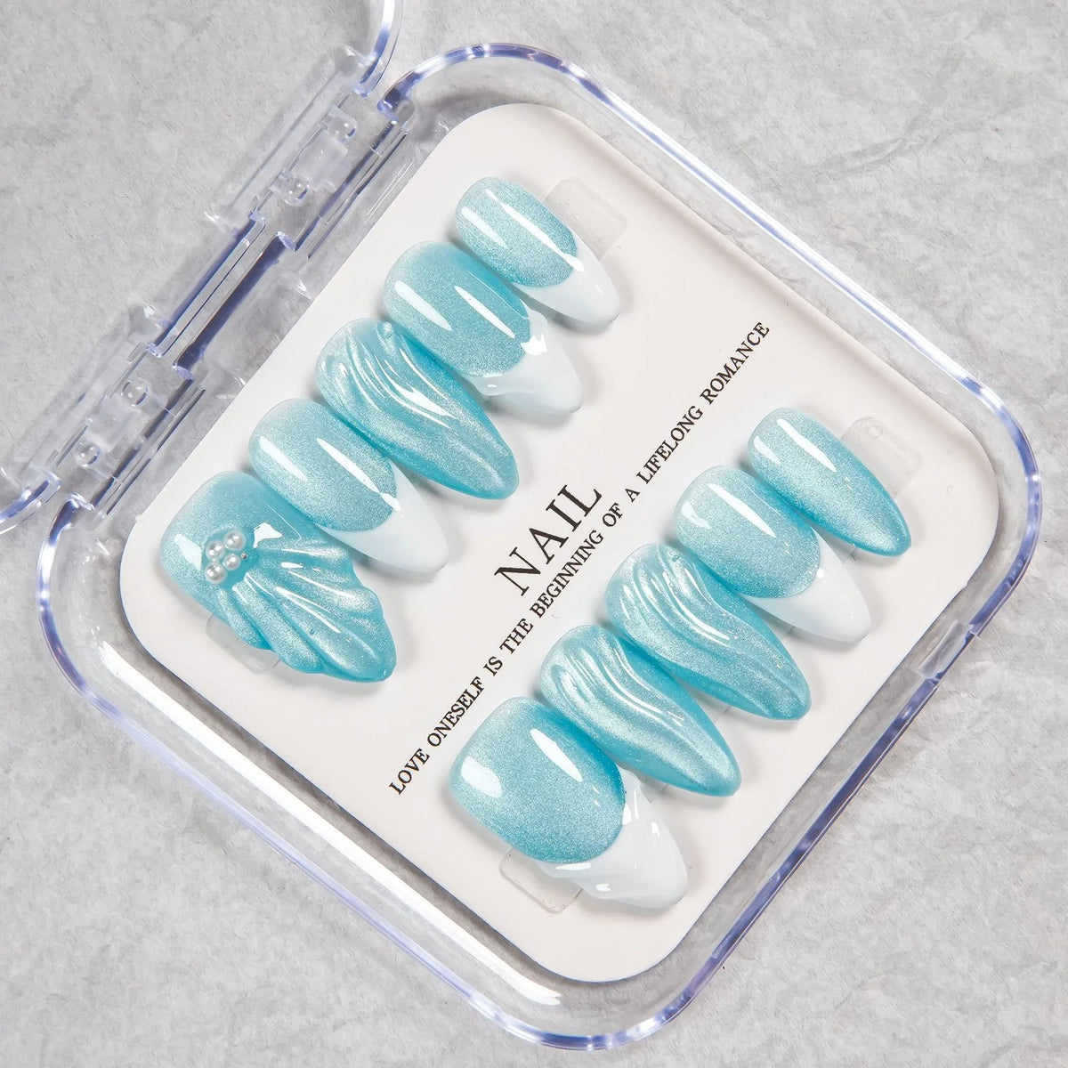 Press-On Nail Tips Peacock Blue Glitter High-Gloss Multiple Sizes